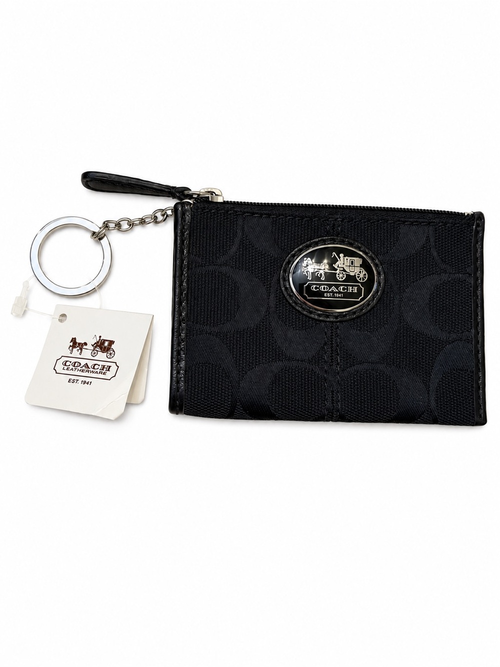 NWT Coach Sutton Signature Mini Skinny Wallet Key Chain Black Pocket Zip Closure